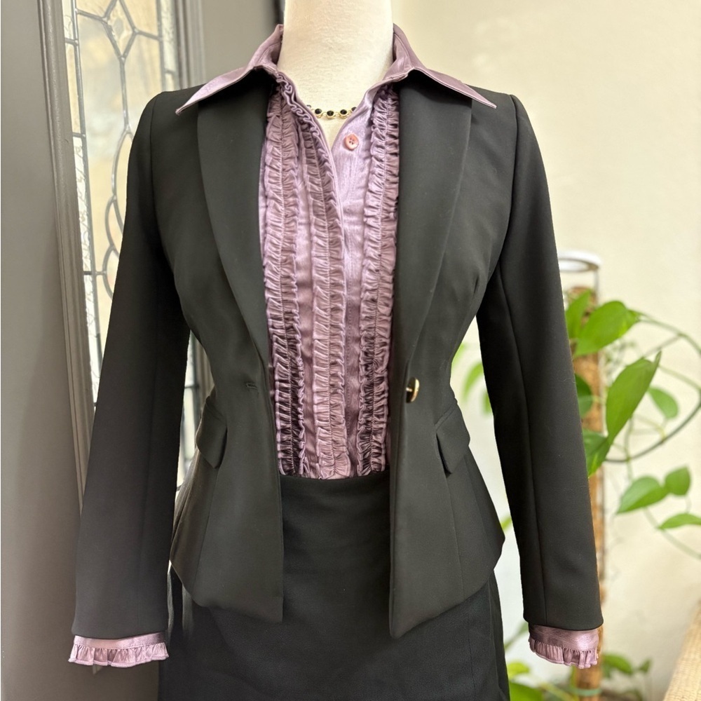 Ashely Purple Silky Ruffle Placket & Cuff Trim Button Front Stretch Blouse